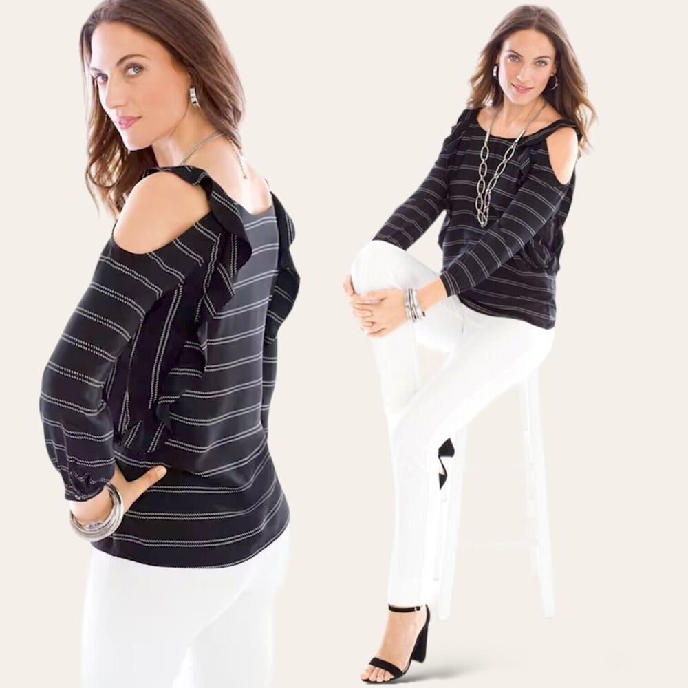 New CHICO'S Black Ruffle Blouse Cold Shoulder Striped Top Chic Brunch Trendy 2